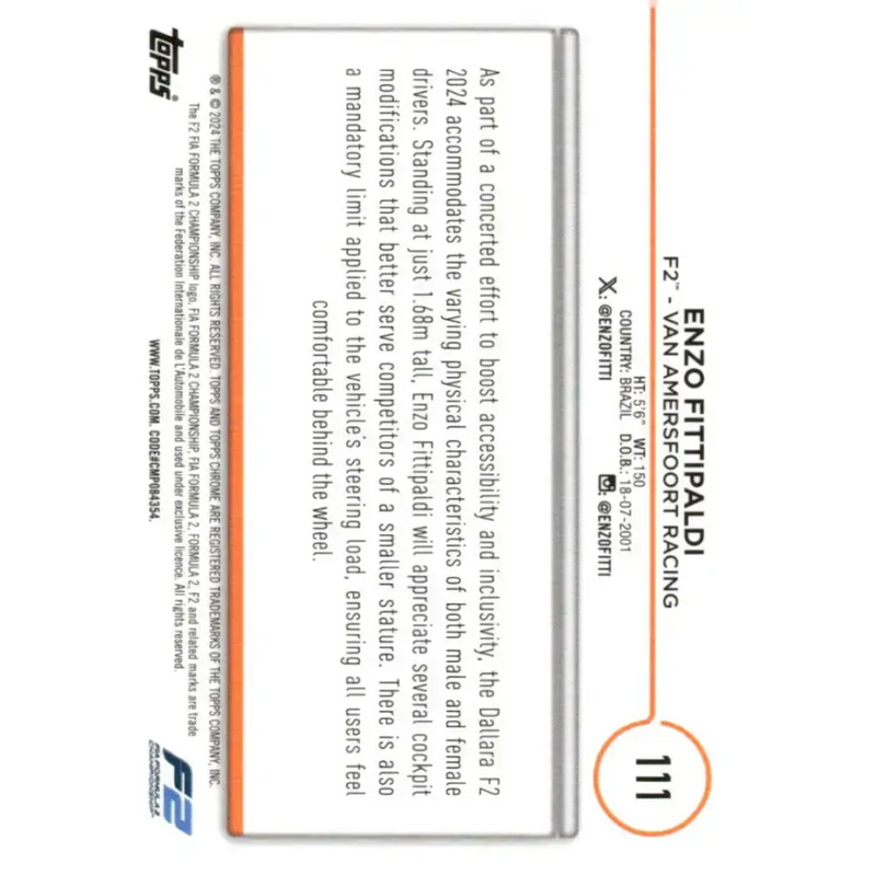 2024 Topps Chrome Formula 1 #111 Enzo Fittipaldi EX Excellent F2 - Van Amersfoort Racing Racing Card