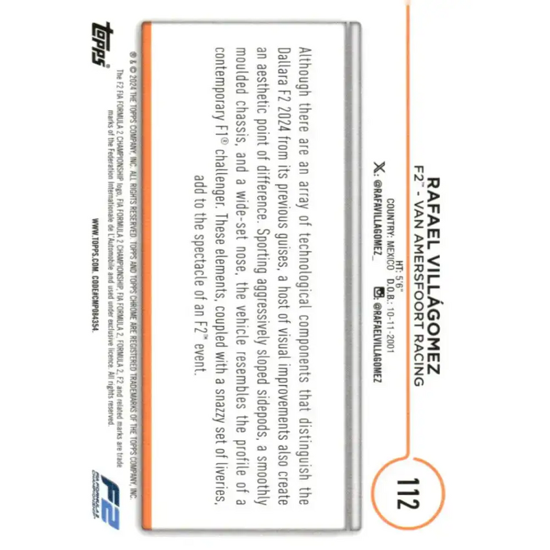 2024 Topps Chrome Formula 1 #112 Rafael Villagomez NM-MT F2 - Van Amersfoort Racing Racing Card - Racing Card Single