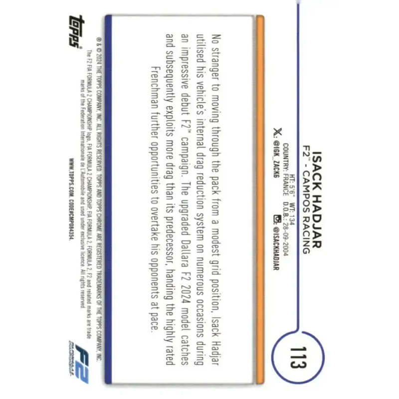 2024 Topps Chrome Formula 1 #113 Isack Hadjar EX Excellent F2 - Campos Racing Racing Card - Racing Card Single