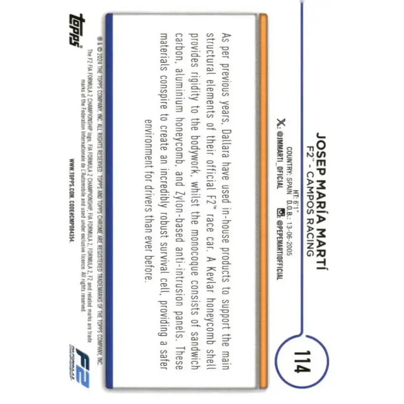2024 Topps Chrome Formula 1 #114 Josep Maria Marti EX Excellent F2 - Campos Racing Racing Card - Racing Card Single