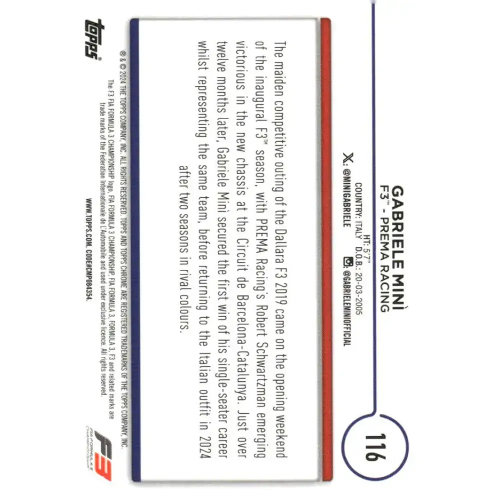 2024 Topps Chrome Formula 1 #116 Gabriele Mini EX Excellent F3 - PREMA Racing Racing Card - Racing Card Single