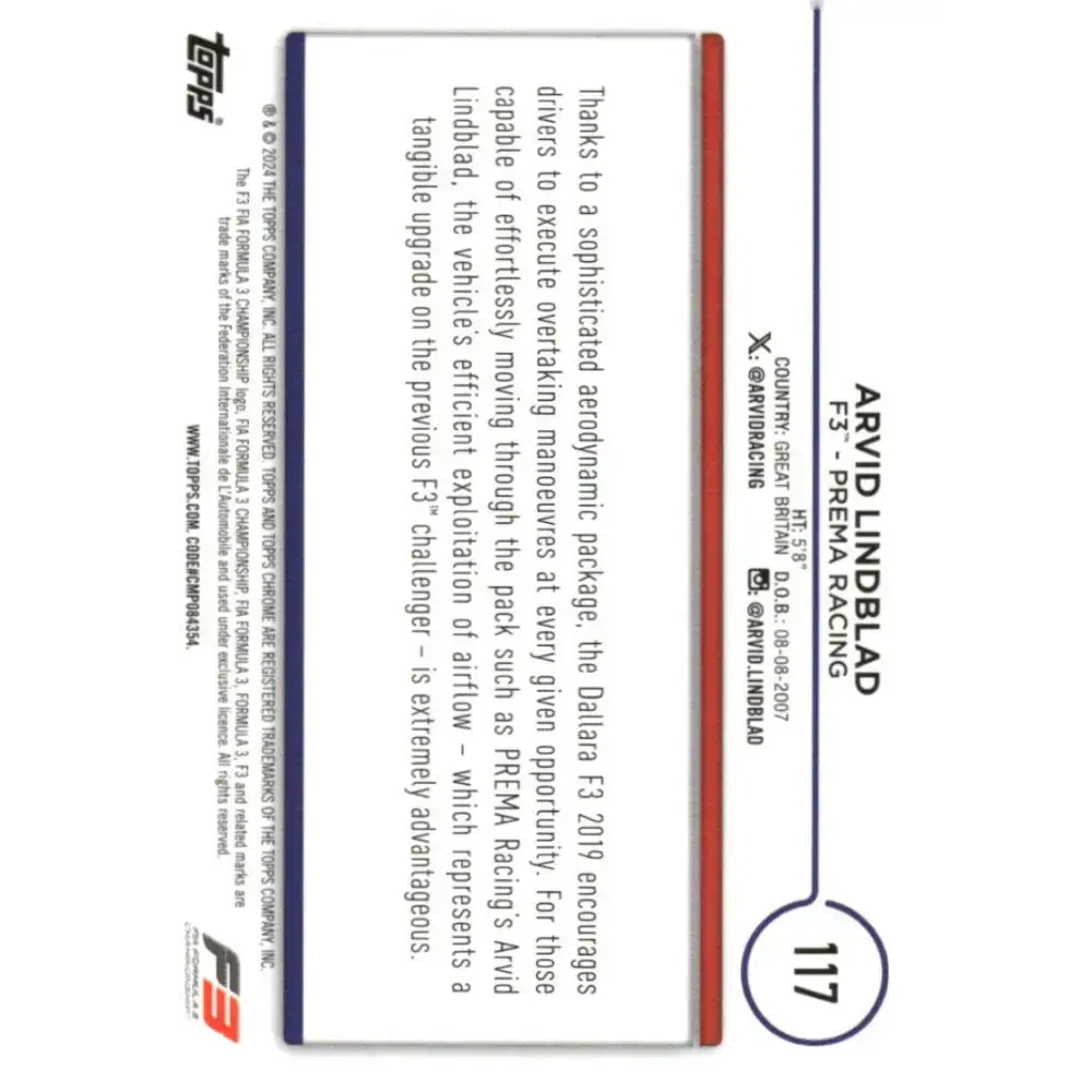 2024 Topps Chrome Formula 1 #117 Arvid Lindblad EX Excellent F3 - PREMA Racing Racing Card - Racing Card Single