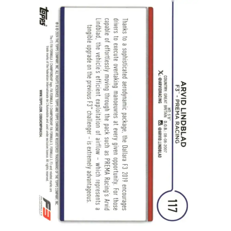 2024 Topps Chrome Formula 1 #117 Arvid Lindblad EX Excellent F3 - PREMA Racing Racing Card - Racing Card Single