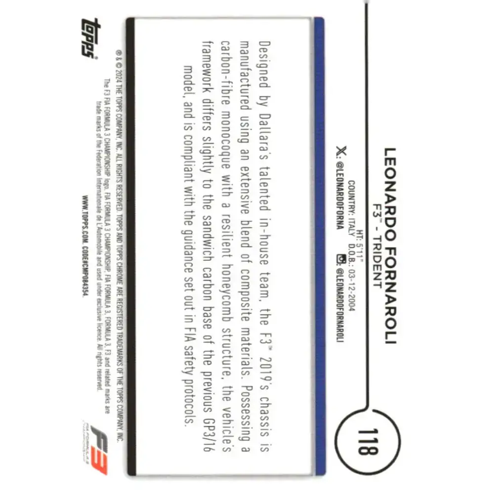 2024 Topps Chrome Formula 1 #118 Leonardo Fornaroli EX Excellent F3 - Trident Racing Card - Racing Card Single