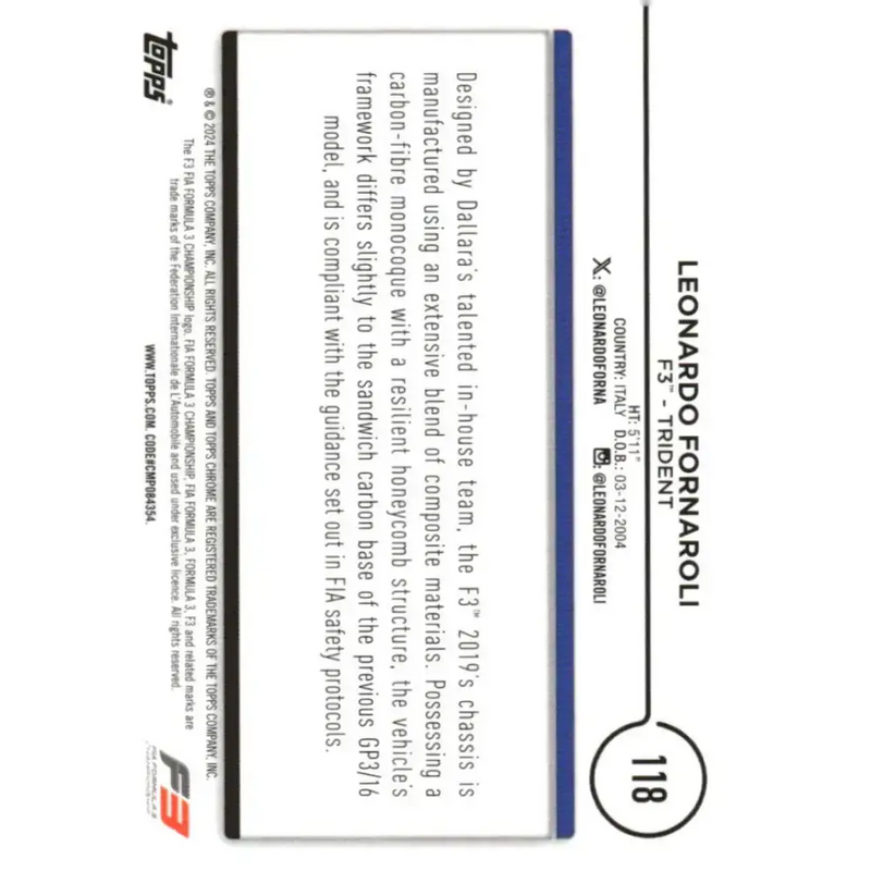 2024 Topps Chrome Formula 1 #118 Leonardo Fornaroli EX Excellent F3 - Trident Racing Card - Racing Card Single