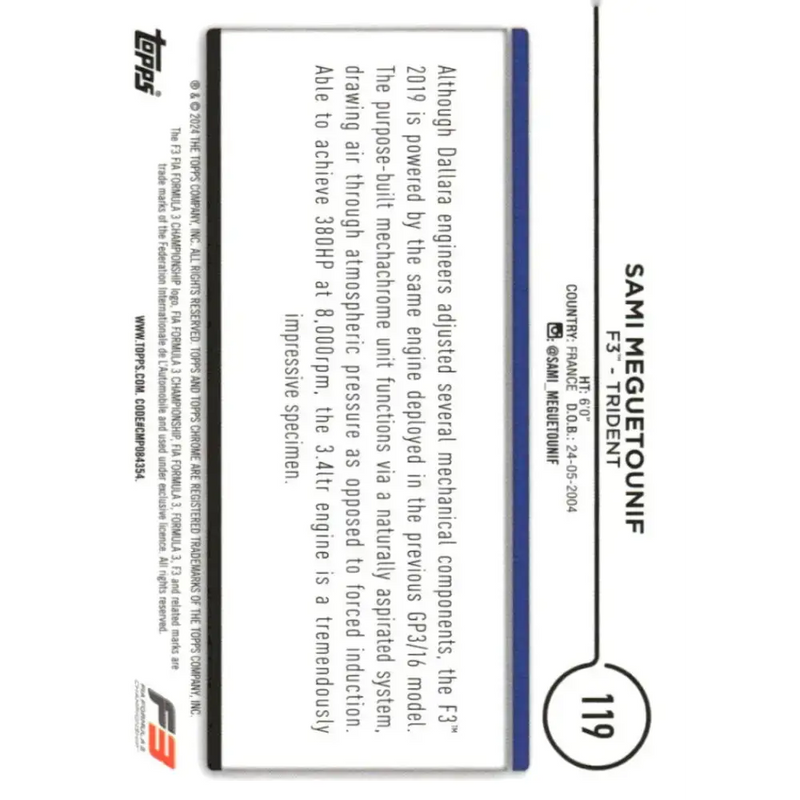 2024 Topps Chrome Formula 1 #119 Sami Meguetounif EX Excellent F3 - Trident Racing Card