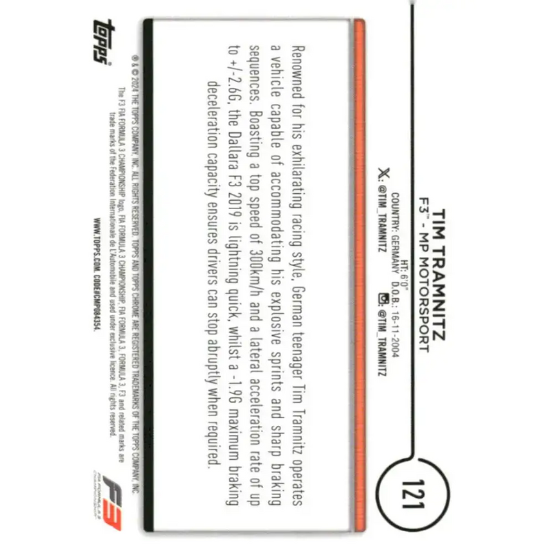 2024 Topps Chrome Formula 1 #121 Tim Tramnitz EX Excellent F3 - MP Motorsport Racing Card - Racing Card Single