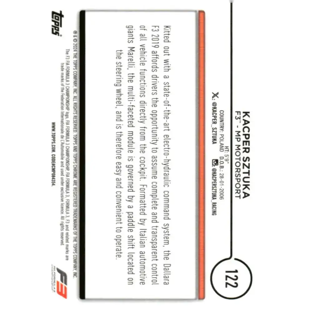 2024 Topps Chrome Formula 1 #122 Kacper Sztuka NM-MT F3 - MP Motorsport Racing Card - Racing Card Single