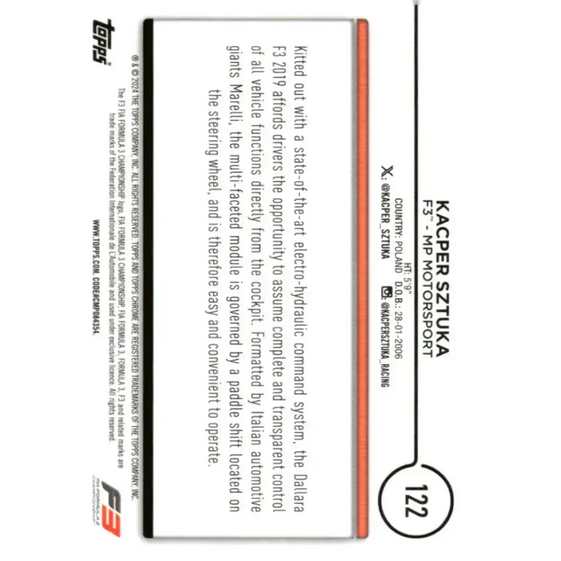 2024 Topps Chrome Formula 1 #122 Kacper Sztuka NM-MT F3 - MP Motorsport Racing Card - Racing Card Single
