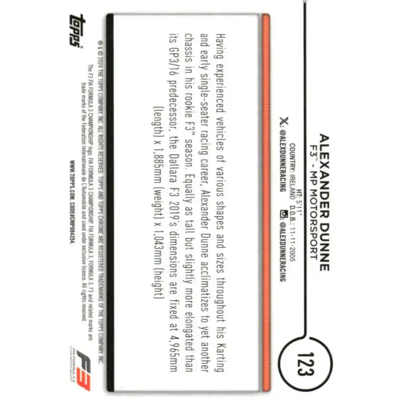 2024 Topps Chrome Formula 1 #123 Alexander Dunne NM-MT F3 - MP Motorsport Racing Card - Racing Card Single
