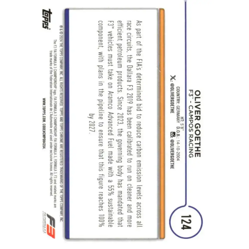 2024 Topps Chrome Formula 1 #124 Oliver Goethe EX Excellent F3 - Campos Racing Racing Card - Racing Card Single
