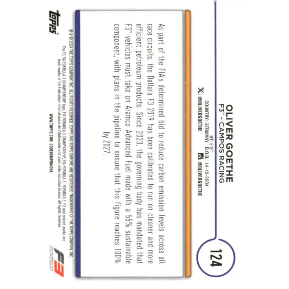 2024 Topps Chrome Formula 1 #124 Oliver Goethe NM-MT F3 - Campos Racing Racing Card - Racing Card Single