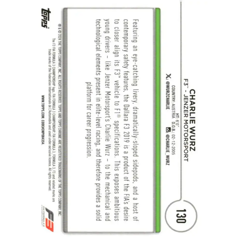 2024 Topps Chrome Formula 1 #130 Charlie Wurz EX Excellent F3 - Jenzer Motorsport Racing Card - Racing Card Single