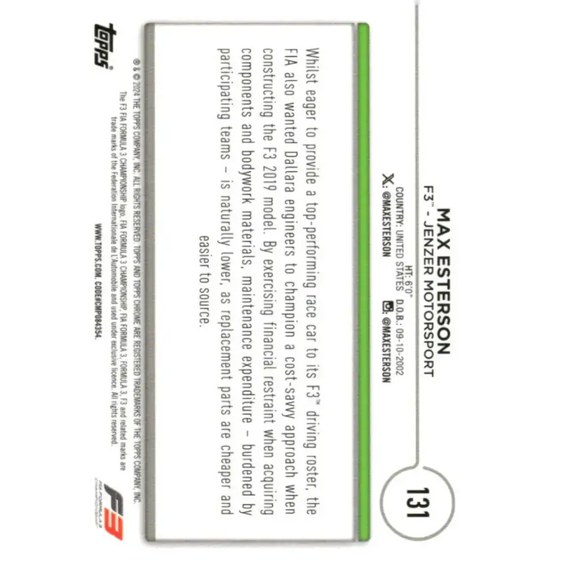 2024 Topps Chrome Formula 1 #131 Max Esterson EX Excellent F3 - Jenzer Motorsport Racing Card - Racing Card Single