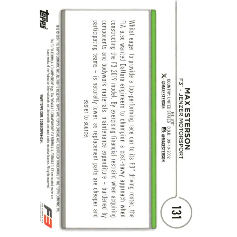 2024 Topps Chrome Formula 1 #131 Max Esterson NM-MT F3 - Jenzer Motorsport Racing Card - Racing Card Single