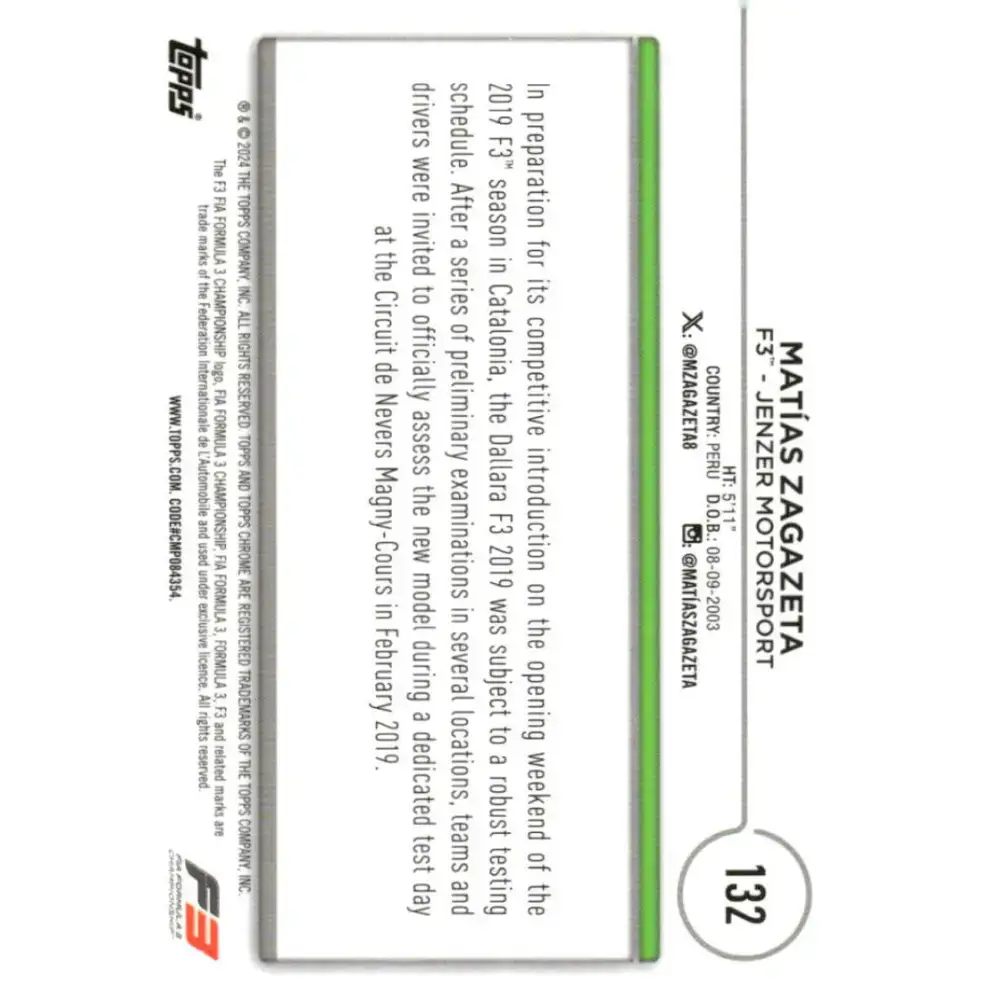 2024 Topps Chrome Formula 1 #132 Matias Zagazeta NM-MT F3 - Jenzer Motorsport Racing Card - Racing Card Single
