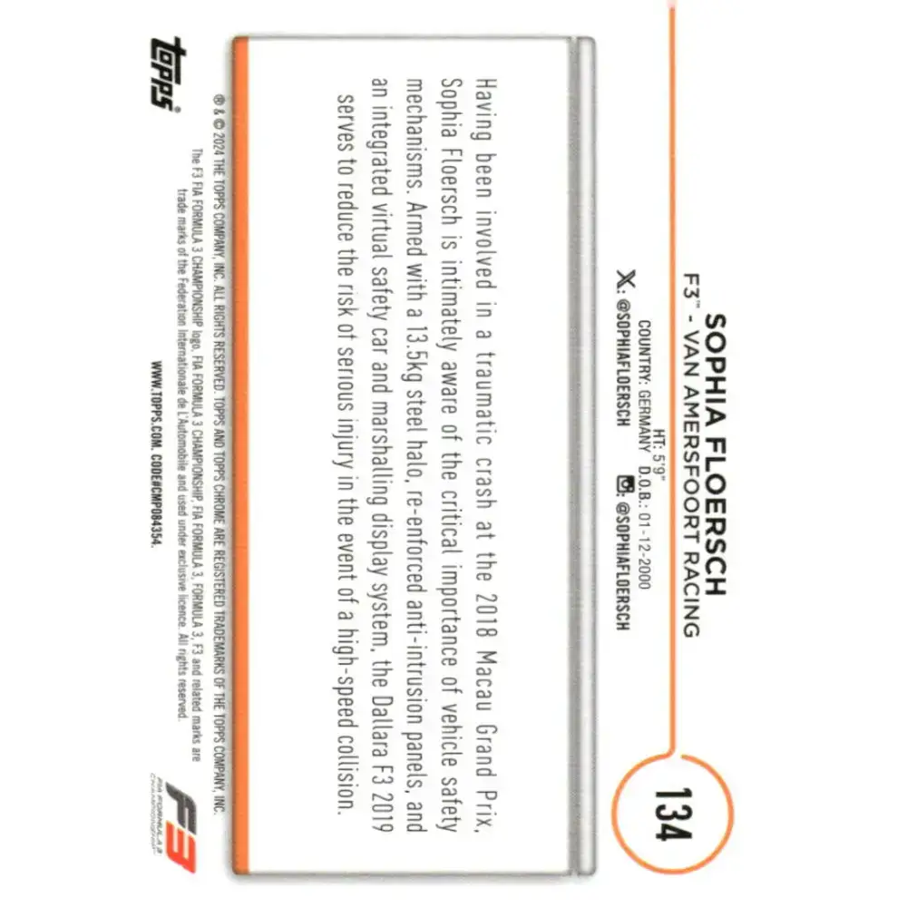 2024 Topps Chrome Formula 1 #134 Sophia Floersch EX Excellent F3 - Van Amersfoort Racing Racing Card - Racing Card