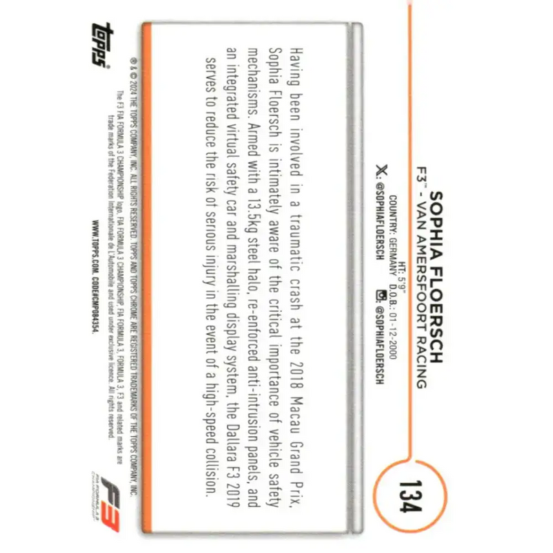 2024 Topps Chrome Formula 1 #134 Sophia Floersch EX Excellent F3 - Van Amersfoort Racing Racing Card - Racing Card