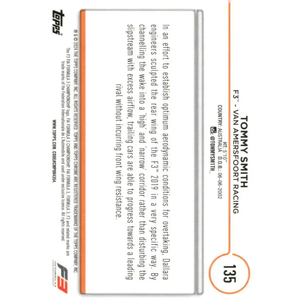 2024 Topps Chrome Formula 1 #135 Tommy Smith NM-MT F3 - Van Amersfoort Racing Racing Card - Racing Card Single