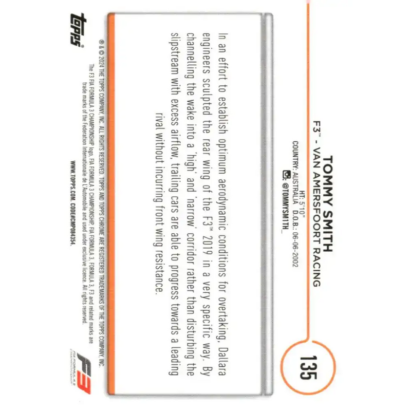 2024 Topps Chrome Formula 1 #135 Tommy Smith NM-MT F3 - Van Amersfoort Racing Racing Card - Racing Card Single