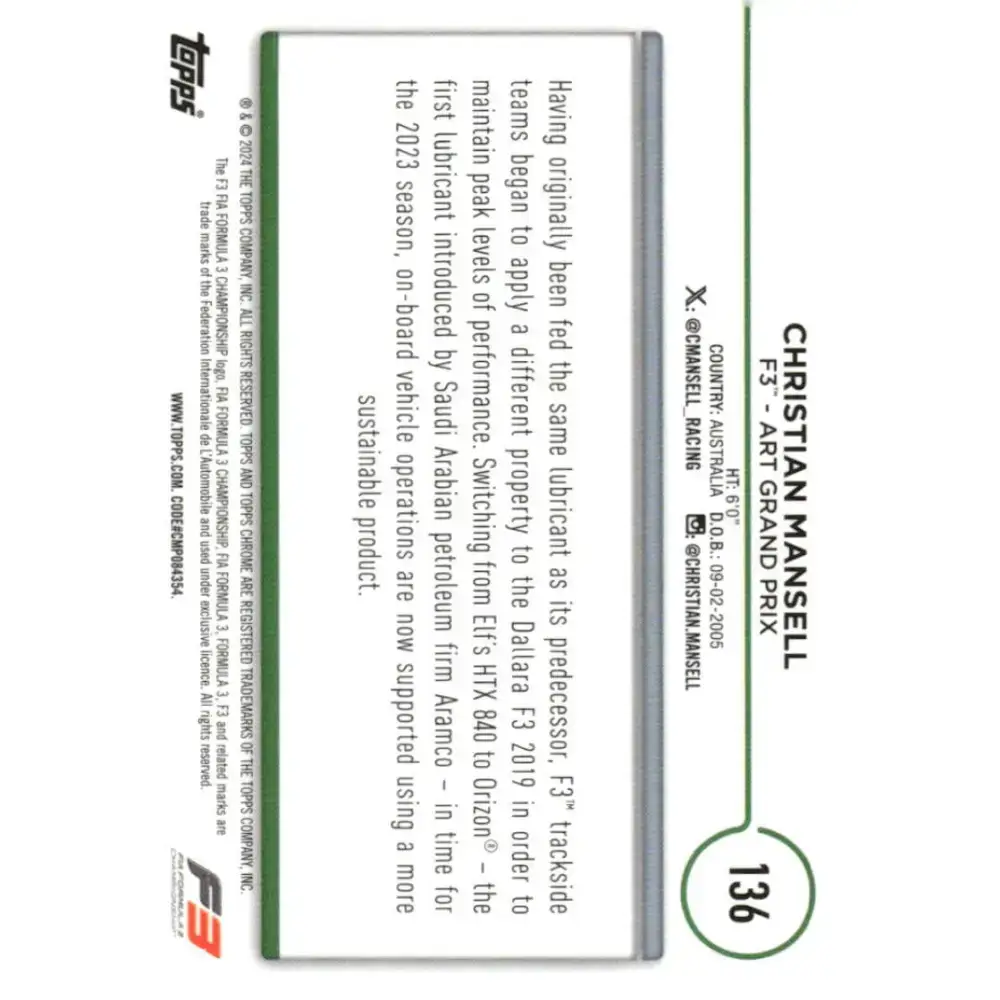 2024 Topps Chrome Formula 1 #136 Christian Mansell NM-MT F3 - ART Grand Prix Racing Card - Racing Card Single