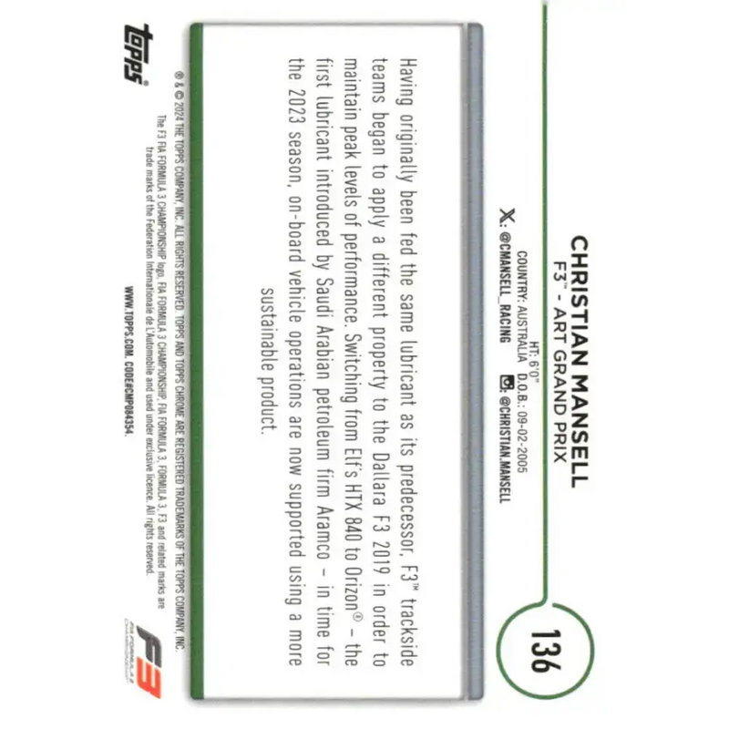 2024 Topps Chrome Formula 1 #136 Christian Mansell NM-MT F3 - ART Grand Prix Racing Card - Racing Card Single
