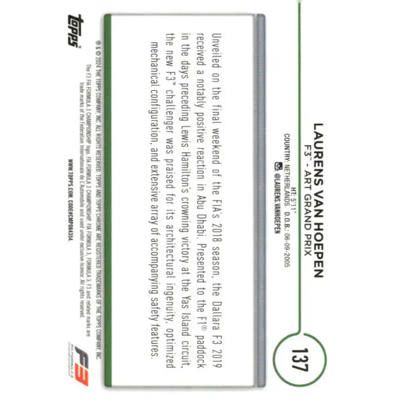 2024 Topps Chrome Formula 1 #137 Laurens van Hoepen EX Excellent F3 - ART Grand Prix Racing Card - Racing Card Single