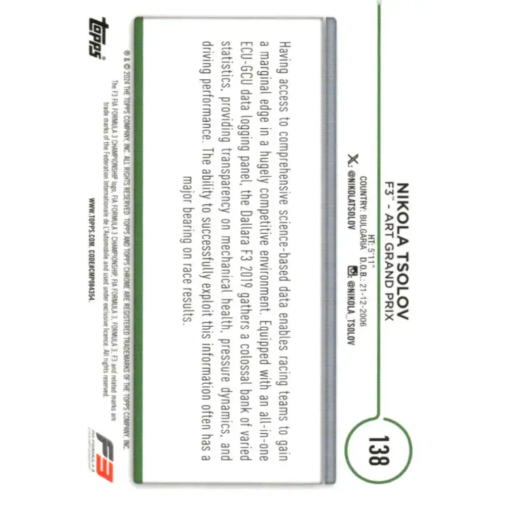 2024 Topps Chrome Formula 1 #138 Nikola Tsolov NM-MT F3 - ART Grand Prix Racing Card - Racing Card Single