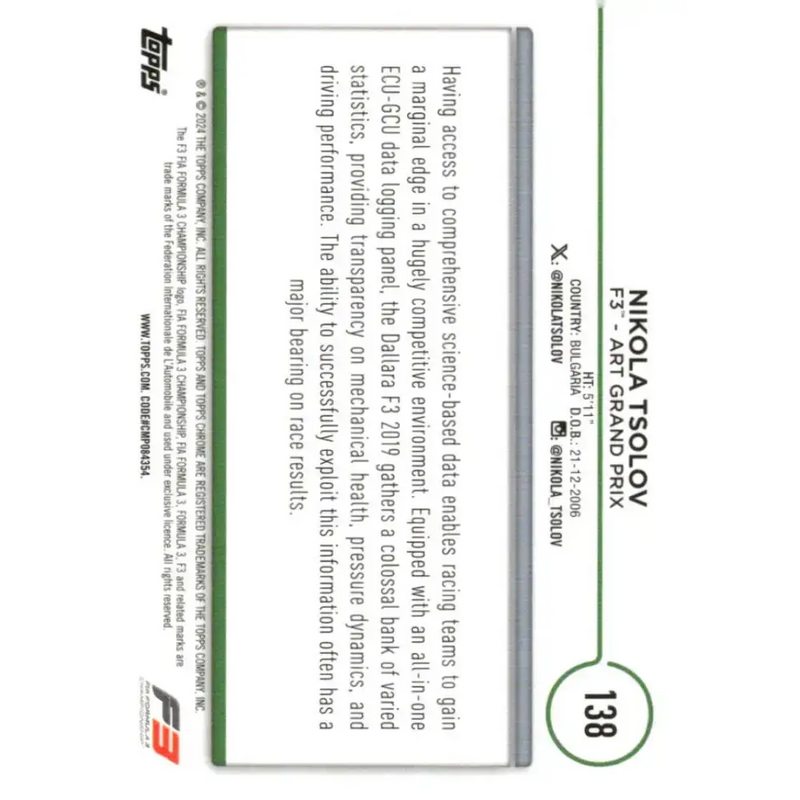2024 Topps Chrome Formula 1 #138 Nikola Tsolov NM-MT F3 - ART Grand Prix Racing Card - Racing Card Single