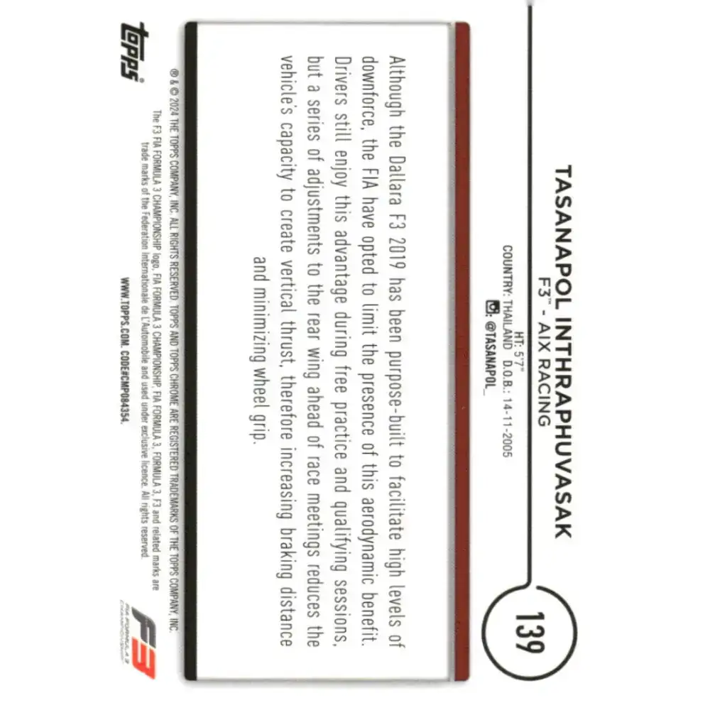 2024 Topps Chrome Formula 1 #139 Tasanapol Inthraphuvasak EX Excellent F3 - AIX Racing Racing Card - Racing Card Single