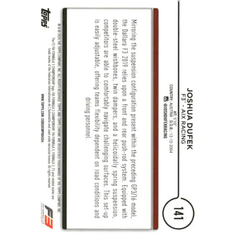 2024 Topps Chrome Formula 1 #141 Joshua Dufek EX Excellent F3 - AIX Racing Racing Card - Racing Card Single