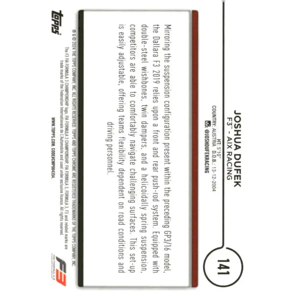 2024 Topps Chrome Formula 1 #141 Joshua Dufek NM-MT F3 - AIX Racing Racing Card - Racing Card Single
