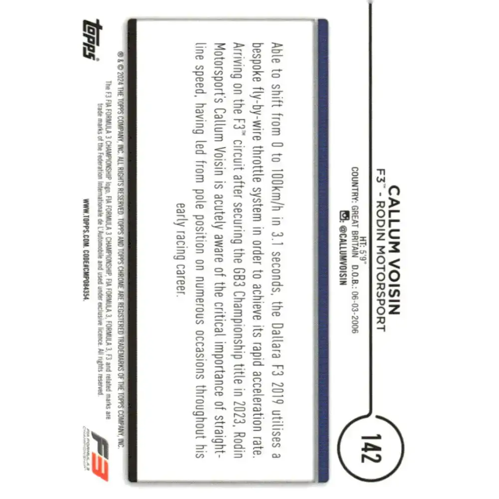 2024 Topps Chrome Formula 1 #142 Callum Voisin EX Excellent F3 - Rodin Motorsport Racing Card - Racing Card Single
