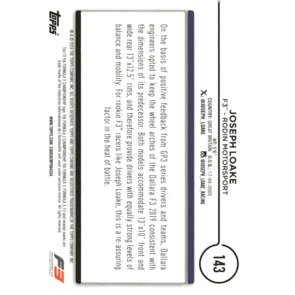 2024 Topps Chrome Formula 1 #143 Joseph Loake EX Excellent F3 - Rodin Motorsport Racing Card - Racing Card Single