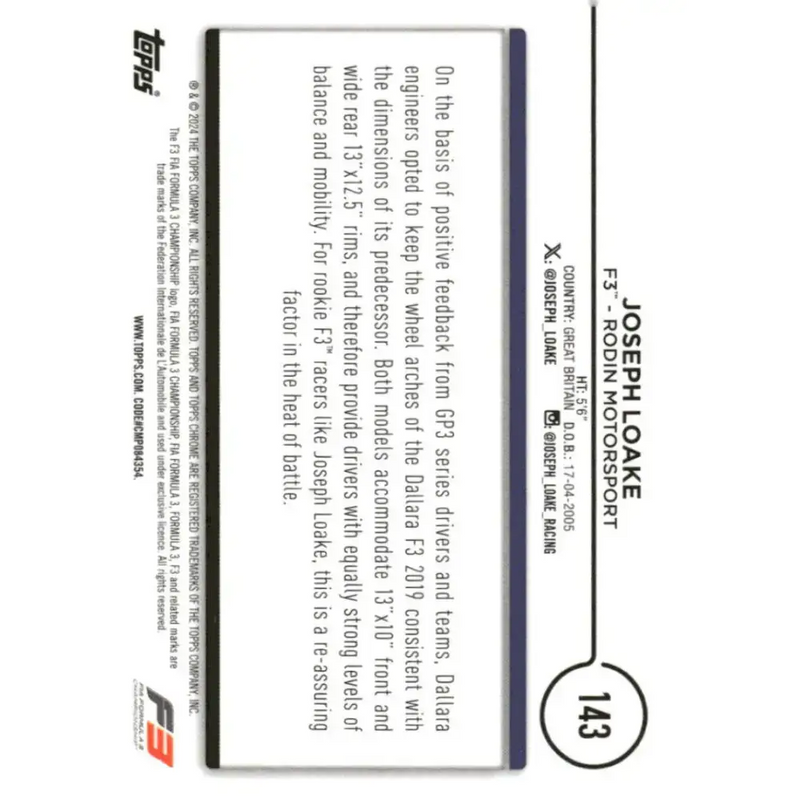 2024 Topps Chrome Formula 1 #143 Joseph Loake NM-MT F3 - Rodin Motorsport Racing Card - Racing Card Single