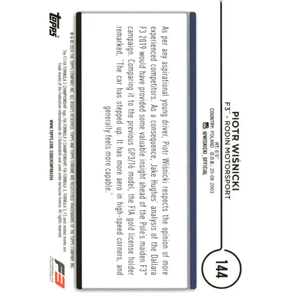 2024 Topps Chrome Formula 1 #144 Piotr Wisnicki NM-MT F3 - Rodin Motorsport Racing Card - Racing Card Single