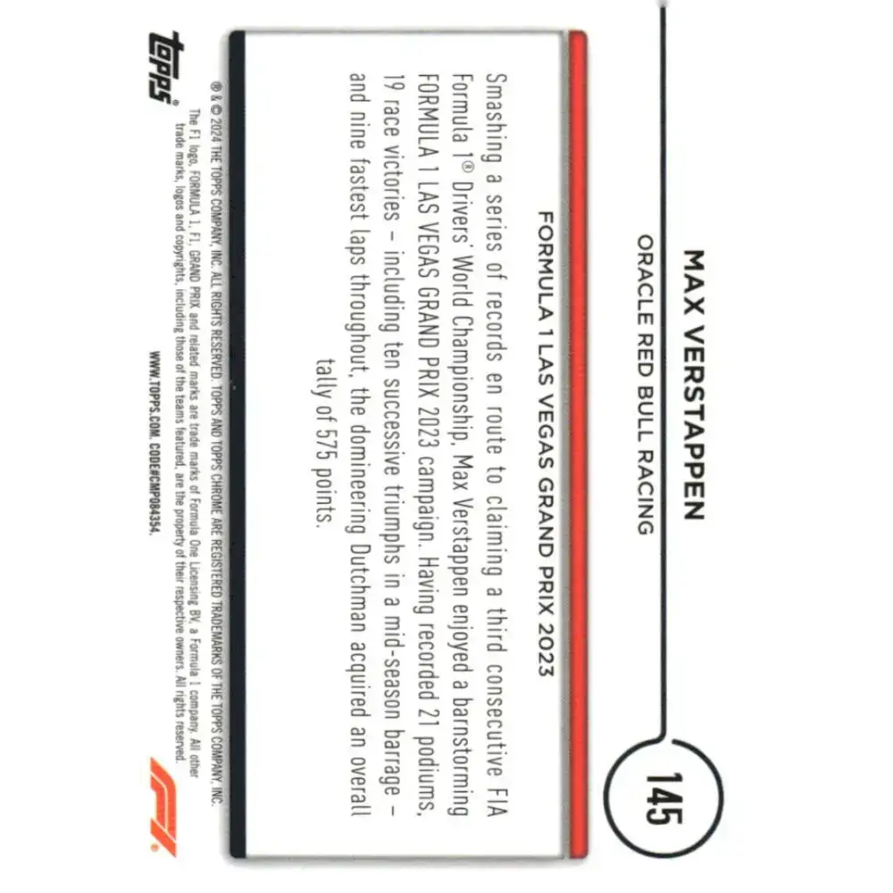 2024 Topps Chrome Formula 1 #145 Max Verstappen NM-MT Oracle Red Bull Racing Racing Card - Racing Card Single