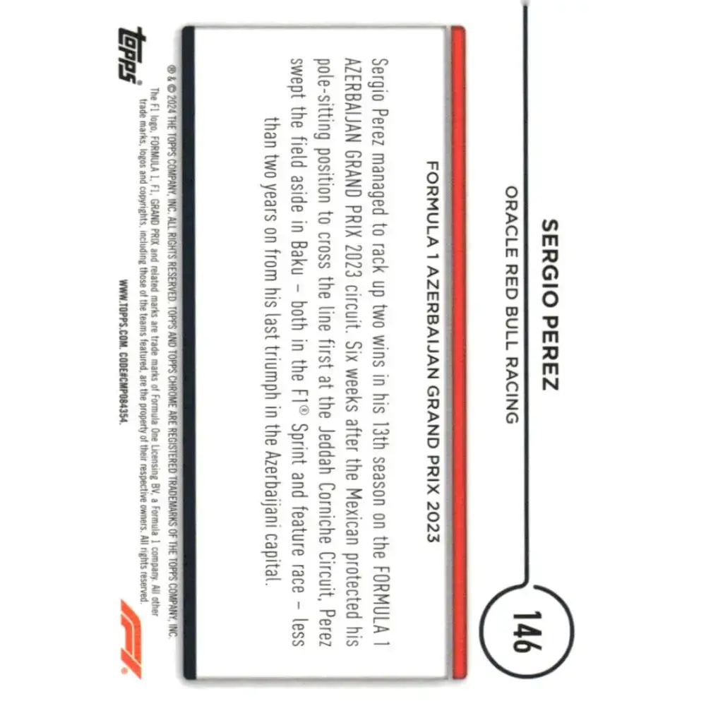 2024 Topps Chrome Formula 1 #146 Sergio Perez NM-MT Oracle Red Bull Racing Racing Card - Racing Card Single