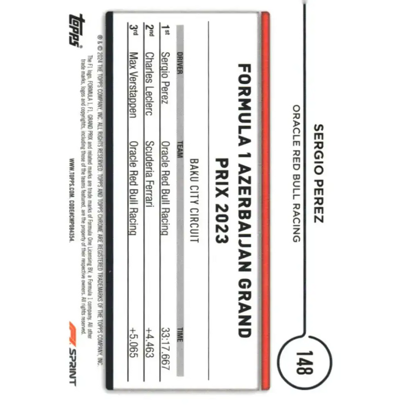 2024 Topps Chrome Formula 1 #148 Sergio Perez EX Excellent Oracle Red Bull Racing Racing Card - Racing Card Single