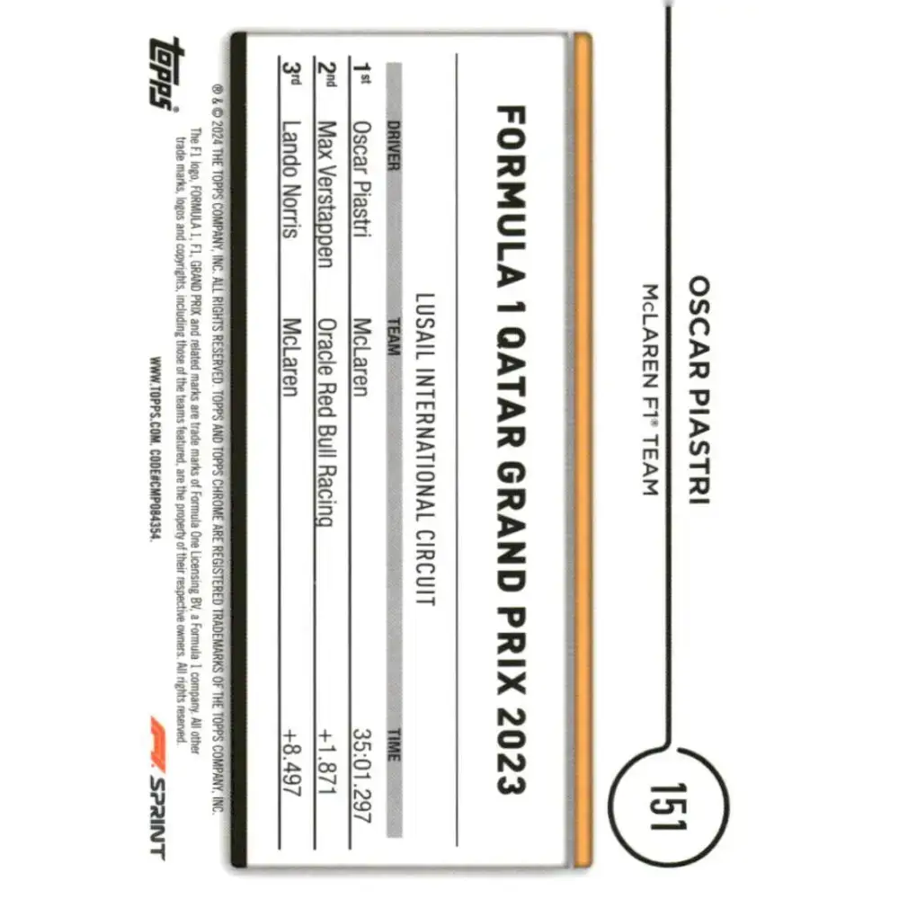 2024 Topps Chrome Formula 1 #151 Oscar Piastri EX Excellent McLaren F1 Team Racing Card - Racing Card Single