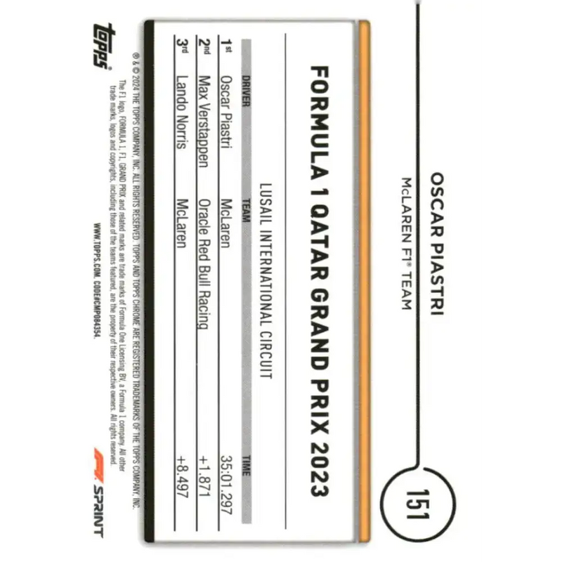 2024 Topps Chrome Formula 1 #151 Oscar Piastri EX Excellent McLaren F1 Team Racing Card - Racing Card Single