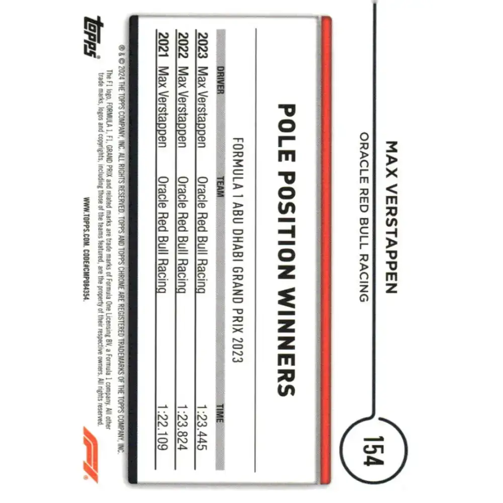 2024 Topps Chrome Formula 1 #154 Max Verstappen EX Excellent Oracle Red Bull Racing Racing Card - Racing Card Single