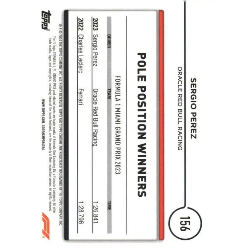2024 Topps Chrome Formula 1 #156 Sergio Perez EX Excellent Oracle Red Bull Racing Racing Card - Racing Card Single