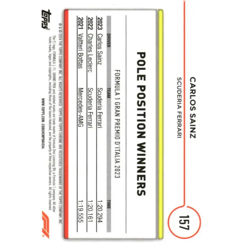 2024 Topps Chrome Formula 1 #157 Carlos Sainz EX Excellent Scuderia Ferrari HP Racing Card - Racing Card Single