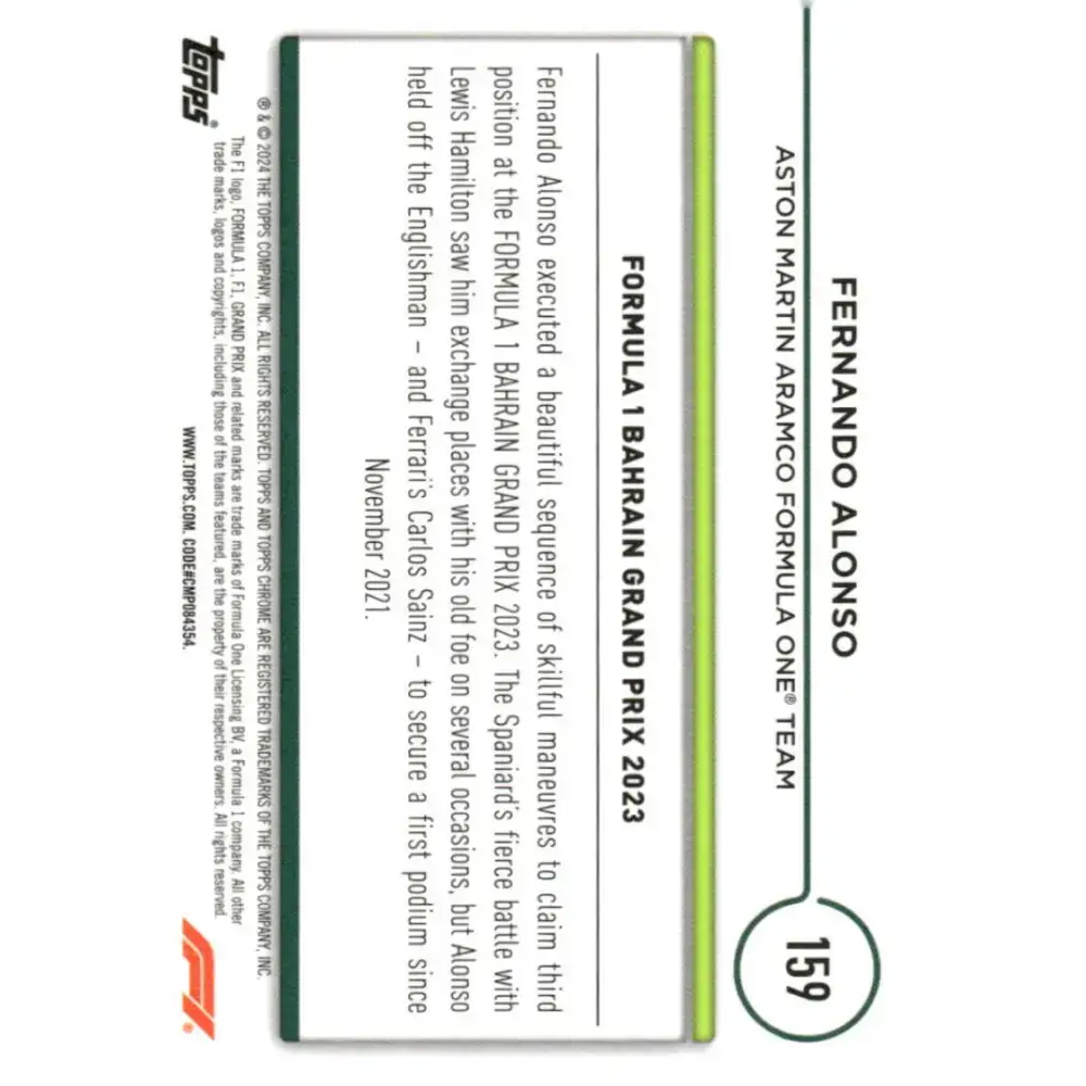 2024 Topps Chrome Formula 1 #159 Fernando Alonso EX Excellent Aston Martin Aramco Formula One Team Racing Card - Racing
