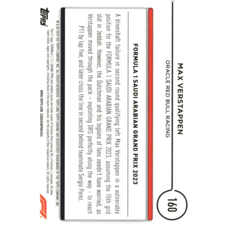 2024 Topps Chrome Formula 1 #160 Max Verstappen NM-MT Oracle Red Bull Racing Racing Card - Racing Card Single