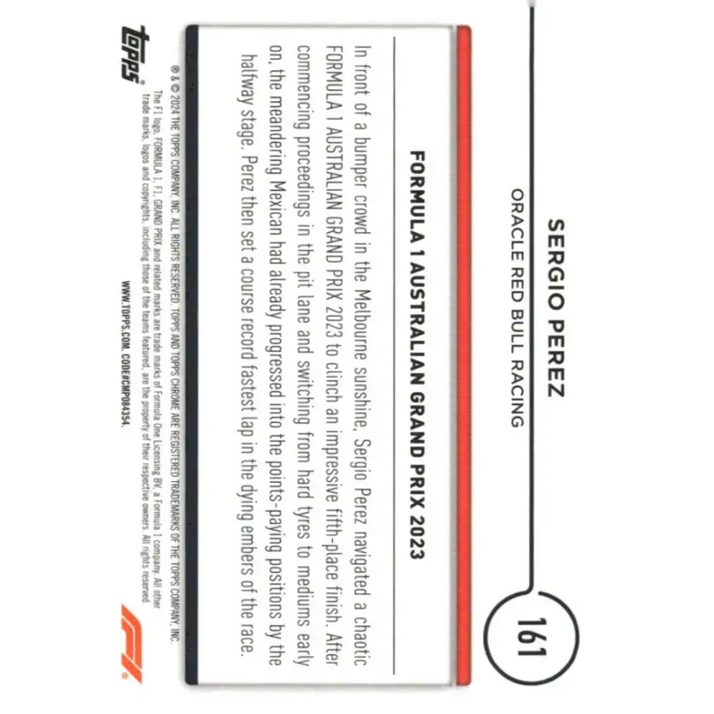 2024 Topps Chrome Formula 1 #161 Sergio Perez EX Excellent Oracle Red Bull Racing Racing Card - Racing Card Single