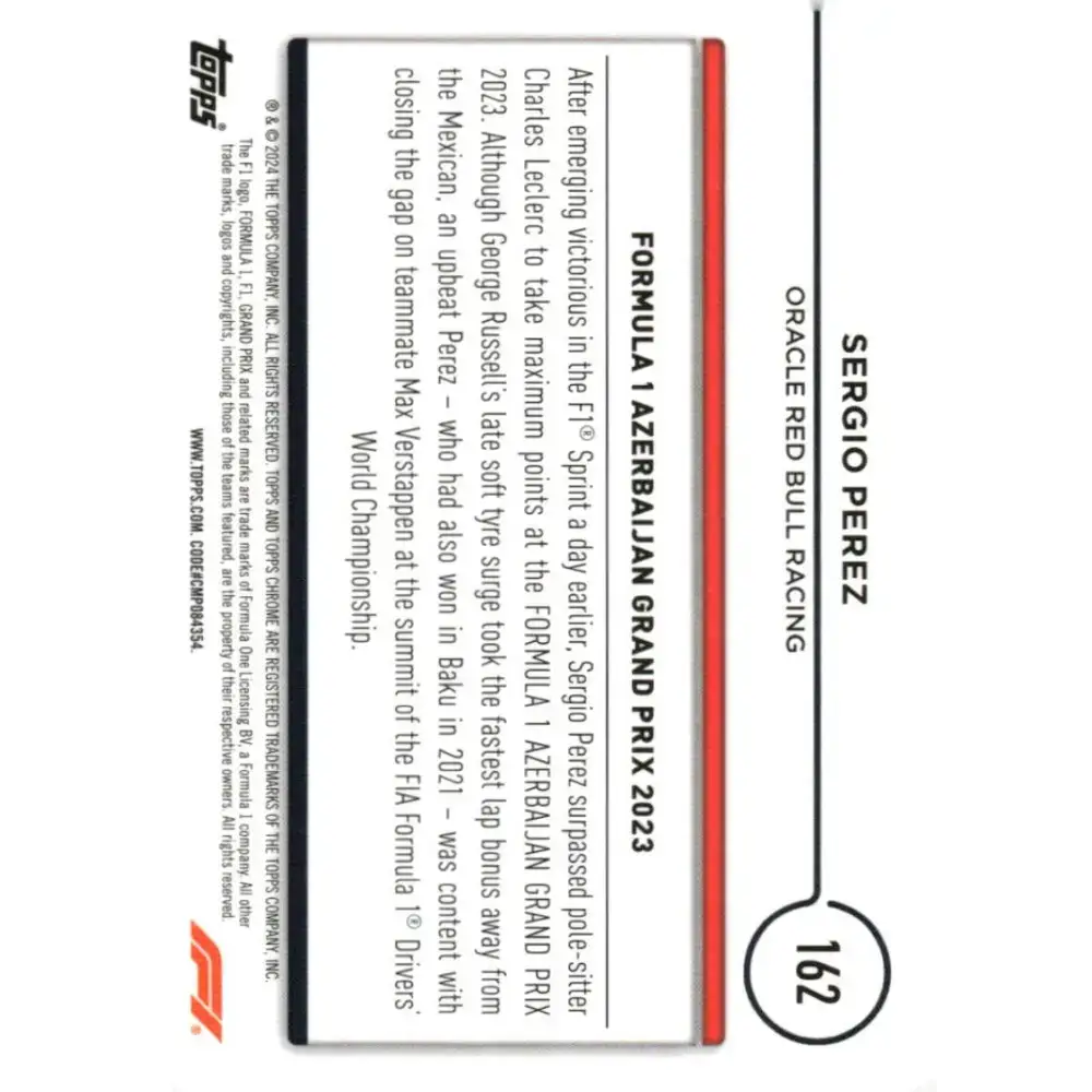 2024 Topps Chrome Formula 1 #162 Sergio Perez EX Excellent Oracle Red Bull Racing Racing Card - Racing Card Single