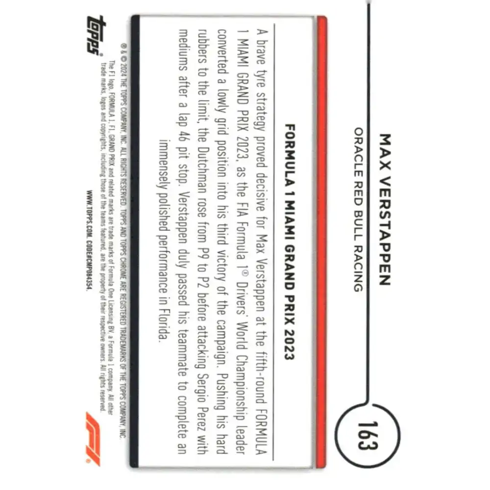2024 Topps Chrome Formula 1 #163 Max Verstappen EX Excellent Oracle Red Bull Racing Racing Card - Racing Card Single