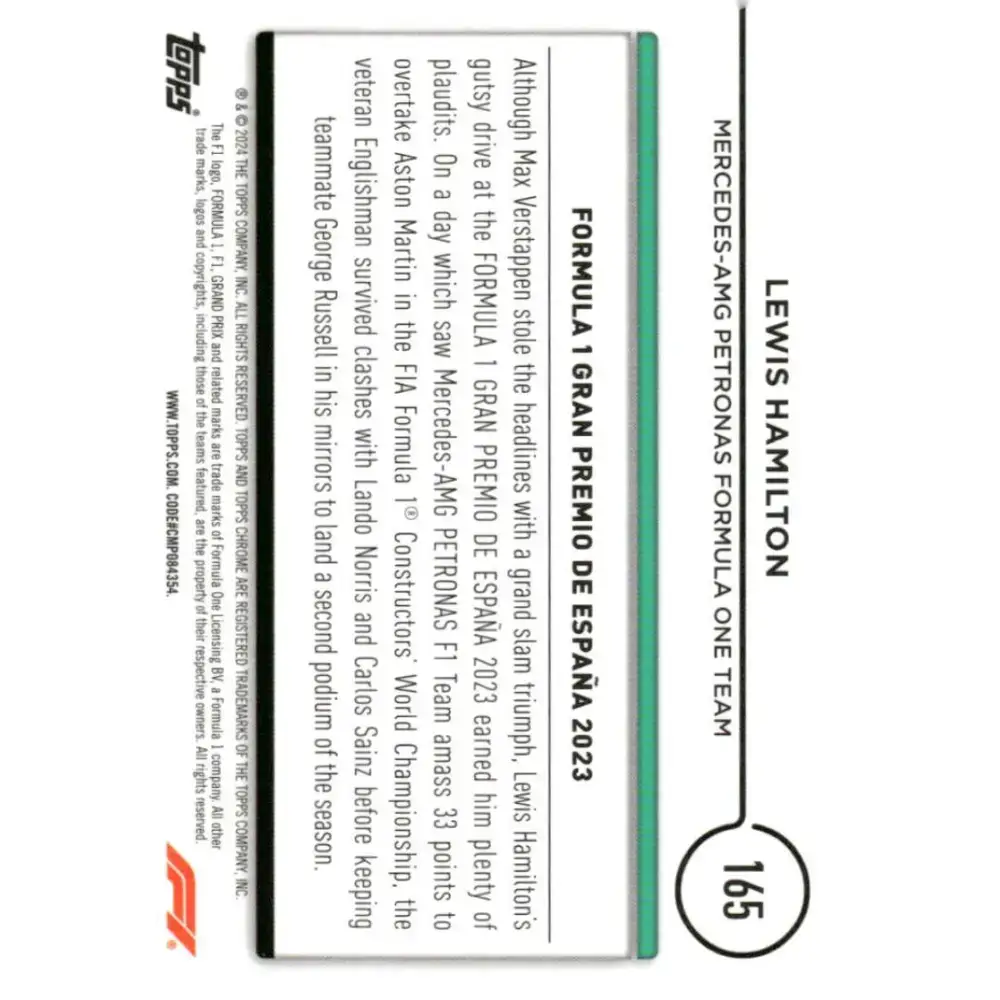 2024 Topps Chrome Formula 1 #165 Lewis Hamilton NM-MT Mercedes-AMG Petronas Formula One Team Racing Card - Racing Card